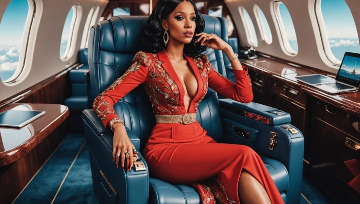 ¿Por qué Cardi B revienta el hip hop con “Imaginary Playerz”? Jay-Z, jets y drama a lo grande Cardi B sobre el ala de un jet privado con vestido rojo brillante y maletas de lujo alrededor.