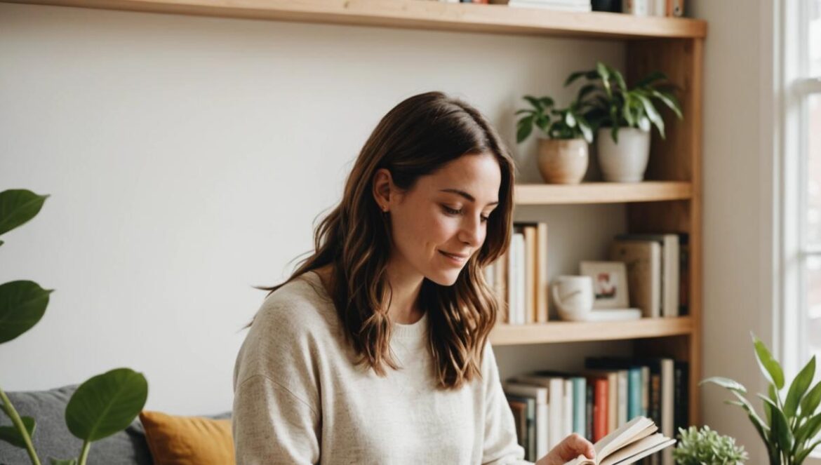 ¿Por qué el orden en casa revienta tu felicidad (y productividad) sin que te des cuenta? Mujer joven sonriente ordenando estantería en un salón moderno y luminoso, ambiente acogedor.