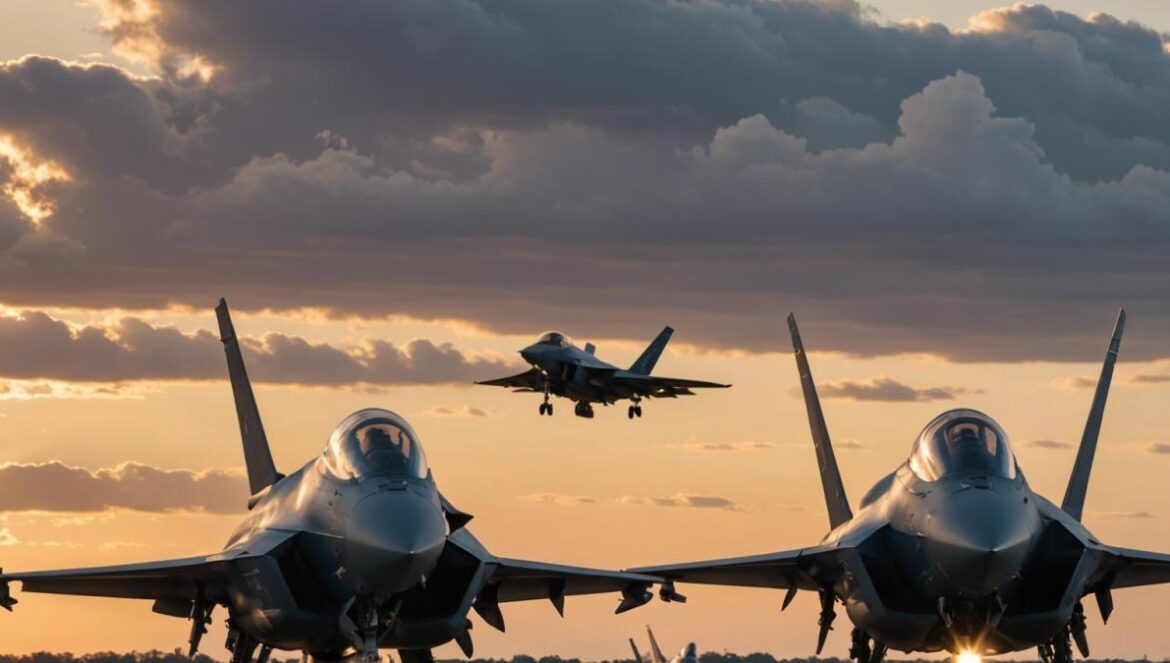 ¿Por qué España y sus aliados le dan la espalda al F-35 de EEUU? La jugada europea que revienta la industria militar Un Eurofighter Typhoon y un F-35 frente a frente en una pista, iluminados al atardecer.