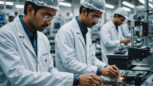 Ingenieros indios revisando chips en una fábrica moderna y llena de tecnología avanzada.