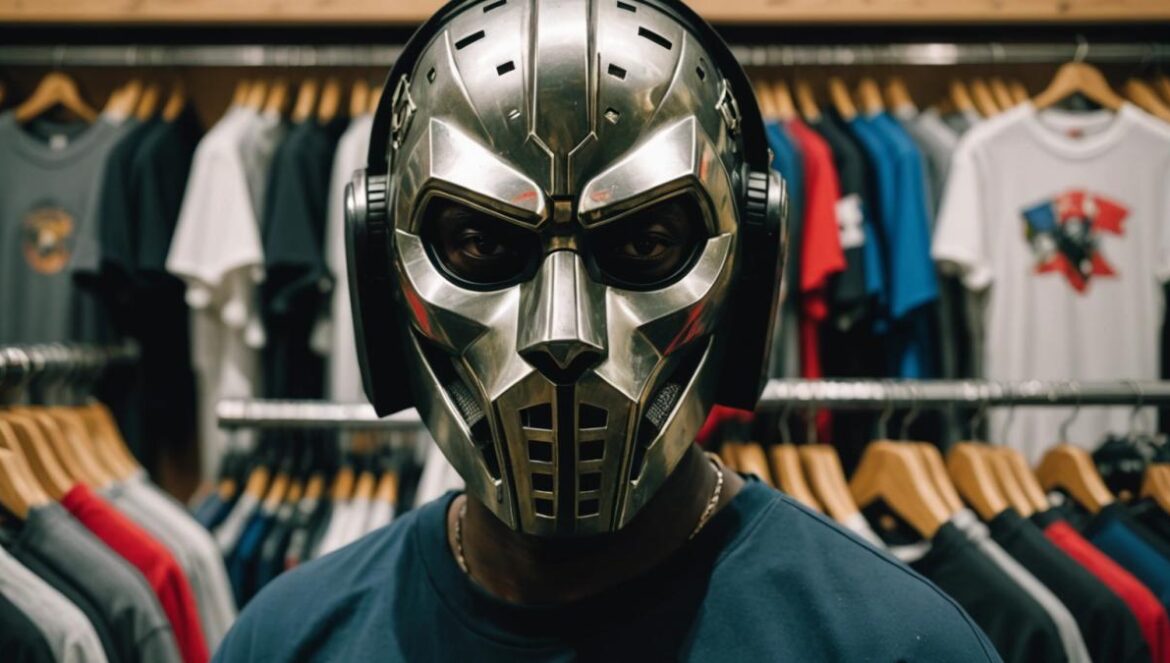 ¿Por qué la demanda de MF DOOM contra Temu revienta la cultura hip hop en 2025? Máscara icónica de MF DOOM sobre una camiseta oficial rodeada de imitaciones baratas y logos de Temu desenfocados.
