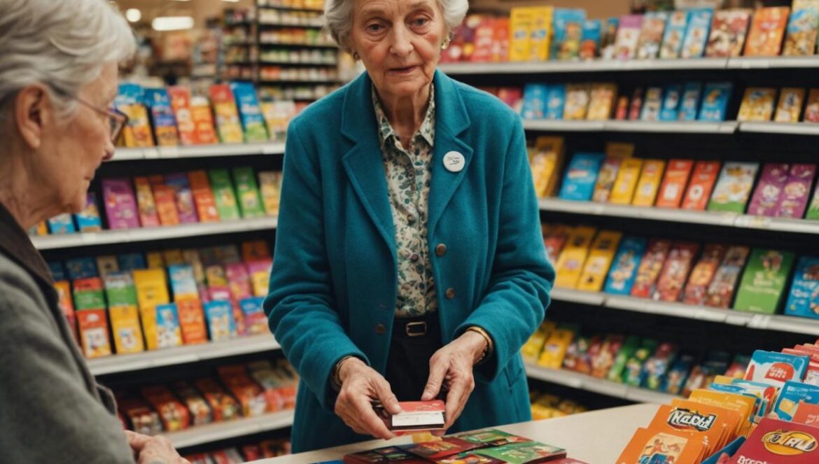 Una señora mayor en un supermercado sosteniendo varias tarjetas regalo de Steam mientras el cajero la observa preocupado.