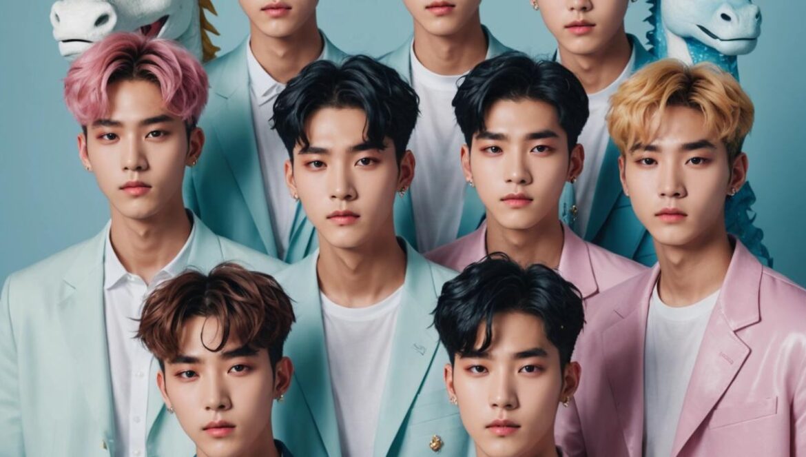 ¿Por qué los idols de K-Pop parecen sacados de un cuento? El boom de los emojis fantásticos Ocho idols masculinos de K-Pop posando con emojis mágicos brillando a su alrededor en un entorno etéreo.