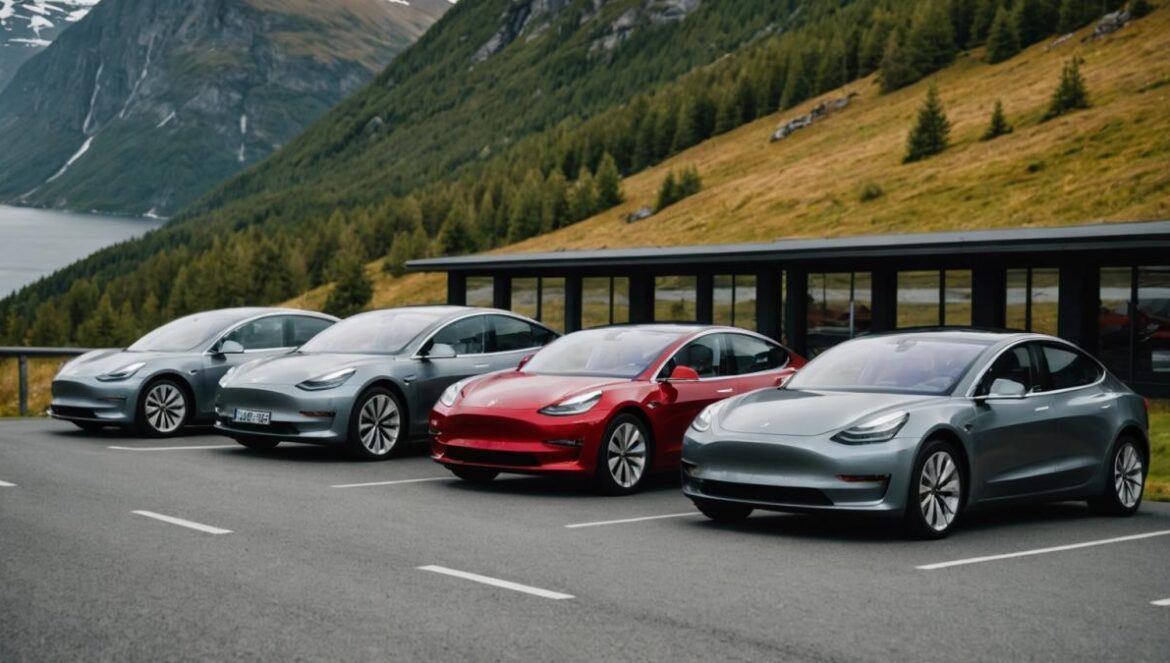 ¿Por qué Tesla y las marcas chinas reventaron el test de autonomía real en Noruega? Fila de autos eléctricos modernos (Tesla, BYD, Lucid) en una carretera noruega rodeada de montañas.
