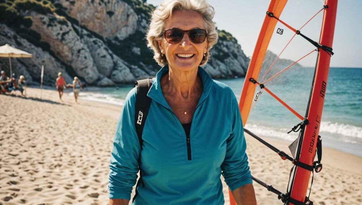 ¿Por qué todos hablan de Mariuccia? La abuela windsurfista de 98 años que rompe el algoritmo del envejecimiento Una mujer mayor sonriente con tabla de windsurf en la playa mediterránea bajo el sol.