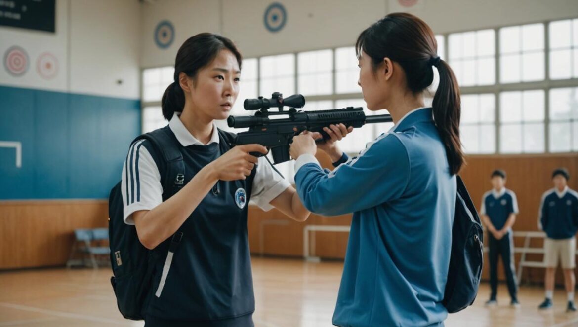 ¿Por qué ‘Try: We Become Miracles’ revienta corazones? El drama coreano que pone a prueba la presión familiar Madre e hija coreanas discutiendo intensamente en un gimnasio escolar de tiro deportivo, con ambiente tenso y equipo profesional alrededor.