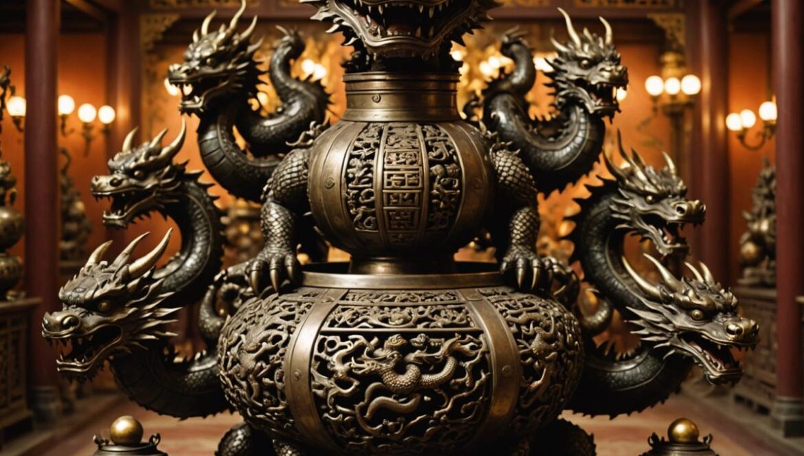 ¿Qué pasó realmente con los dragones sísmicos de Zhang Heng? China revive la leyenda tech más épica Una vasija de bronce decorada con ocho dragones sosteniendo esferas, en un salón imperial chino antiguo.