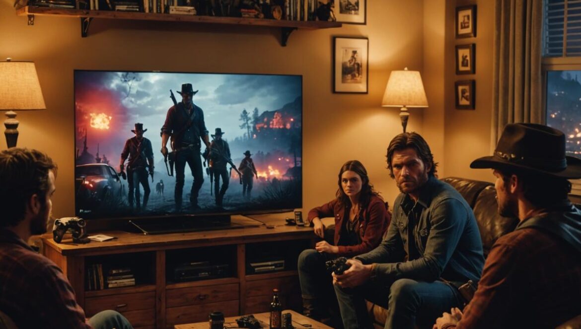 Red Dead Redemption 2 revienta las descargas en PlayStation: ¿por qué nadie se cansa del Salvaje Oeste? Grupo de jóvenes jugando Red Dead Redemption 2 juntos en un salón acogedor, con gestos de emoción.