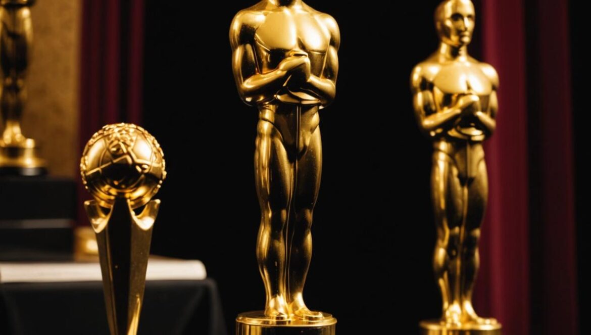 Sandra Bullock: Razzie y Oscar en 24 horas — la historia real y por qué importa Un Oscar y un trofeo con forma de frambuesa dorada juntos en un camerino, iluminados por luces cálidas.