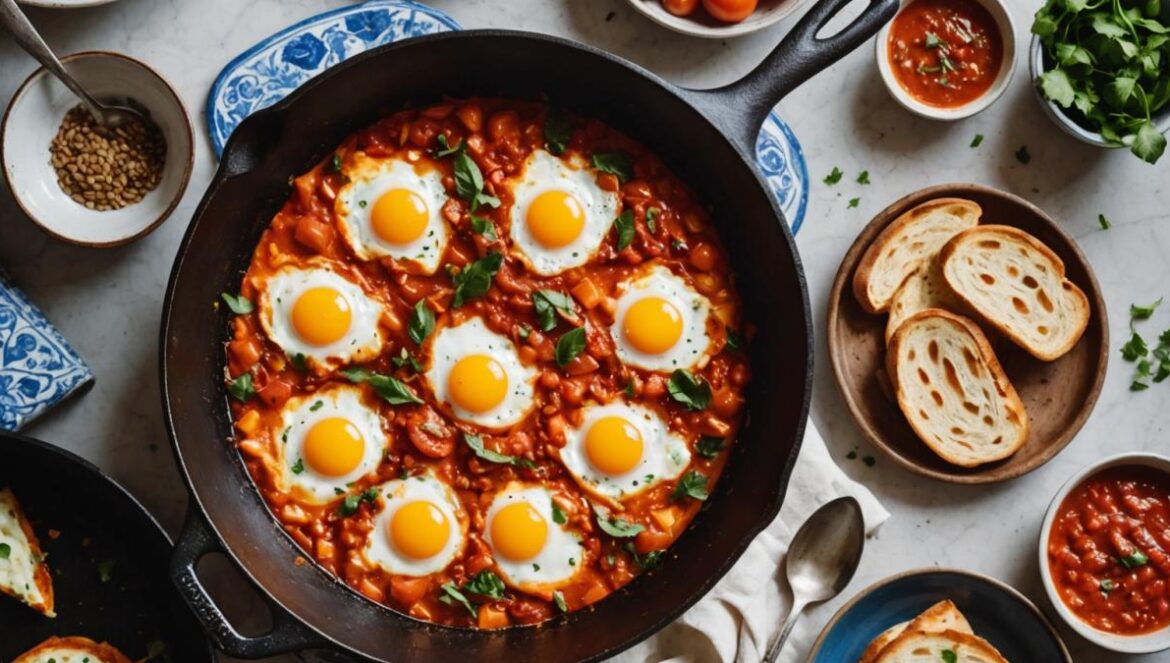 Sartén de shakshuka burbujeando sobre encimera rústica con azulejos andaluces, mano añadiendo un huevo y rebanadas de pan tostado a un lado.