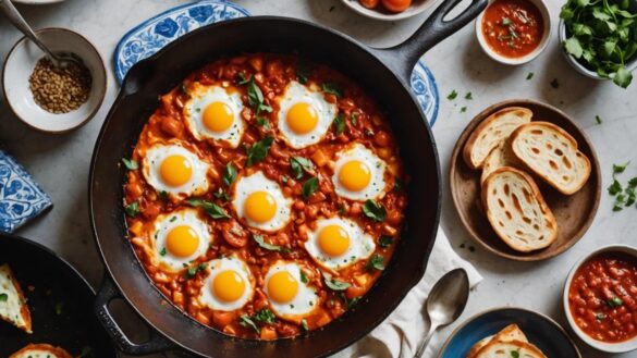 Shakshuka con 4 ingredientes: la cena proteica que arrasa en TikTok Sartén de shakshuka burbujeando sobre encimera rústica con azulejos andaluces, mano añadiendo un huevo y rebanadas de pan tostado a un lado.