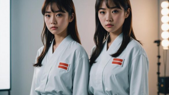 Dos integrantes de un grupo idol japonés posan juntas con gesto serio en un estudio moderno.