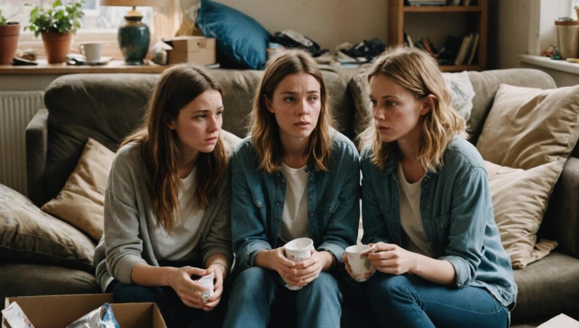 Such Brave Girls: La comedia más salvaje del verano que dinamita todos los clichés Dos hermanas británicas en un sofá desordenado intercambian miradas sarcásticas; ambiente caótico y realista.