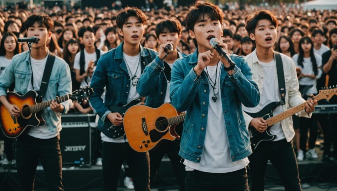 Xdinary Heroes rompe esquemas en Lollapalooza Chicago 2025: El K-Rock conquista el festival Xdinary Heroes tocando en vivo sobre un escenario al aire libre en Lollapalooza Chicago con público entusiasta.