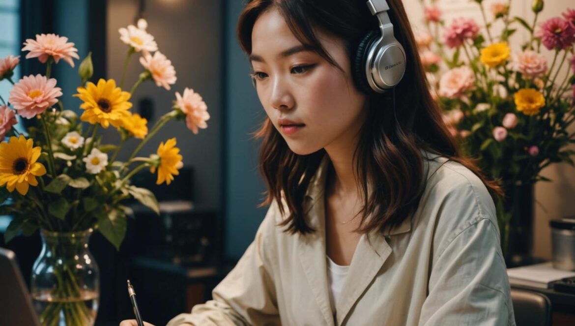 YUJU rompe esquemas con ‘In Bloom’: la vuelta más esperada del K-pop en 2025 YUJU en un estudio moderno rodeada de flores revisando partituras con audífonos.