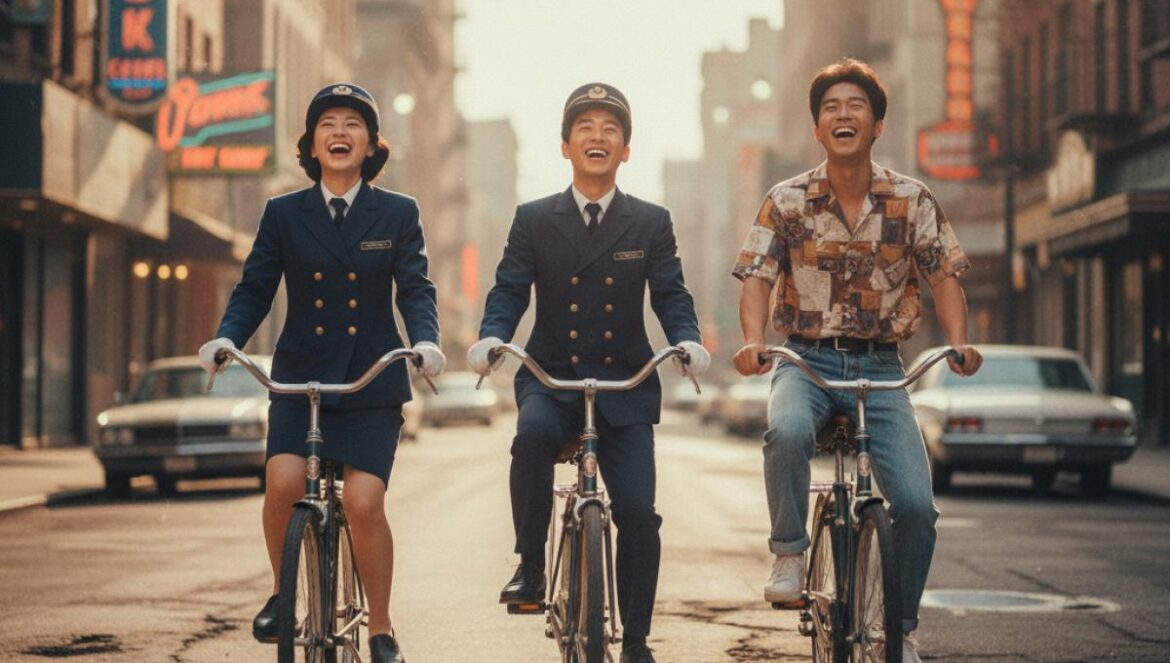 A Hundred Memories desentierra la nostalgia: ¿confesará Young Rye? El giro que sacude su triángulo con Jae Pil Tres jóvenes con estética de los 80 pedalean juntos; dos llevan uniforme de azafata de autobús y uno va casual, riendo al atardecer.