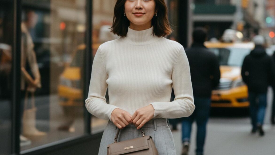 Accesorios coreanos en modo takeover: por qué medio internet no habla de otra cosa (y cómo elegir bien) Joven con bolso estructurado minimalista en una calle urbana, luz suave y estilo quiet luxury.