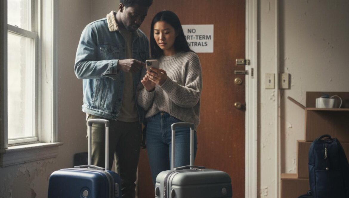 Airbnb en Nueva York: dos años después, la Ley 18 no abarata vivienda y solo celebran los hoteles Pareja joven con maletas revisa el móvil ante un aviso de “no alquileres cortos” en un piso urbano.