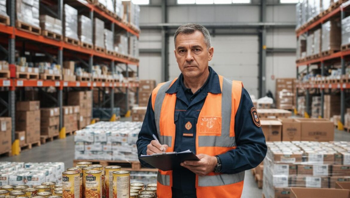 Alemania apuesta por ravioli en lata para emergencias: lo que hay detrás del plan que enciende el debate Técnico de protección civil revisa palés de latas en un almacén industrial iluminado.