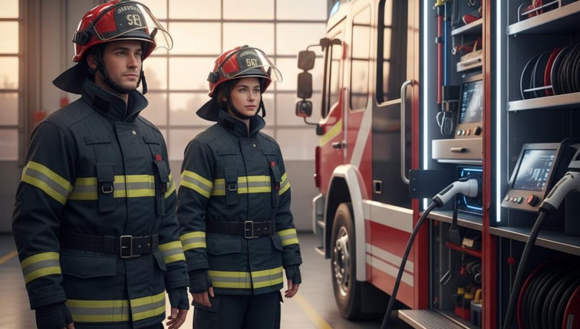 Alemania lo comprobó: camión de bomberos eléctrico que convenció a los escépticos en un año Bomberos junto a un camión de bomberos eléctrico cargando en la estación, con paneles digitales encendidos.