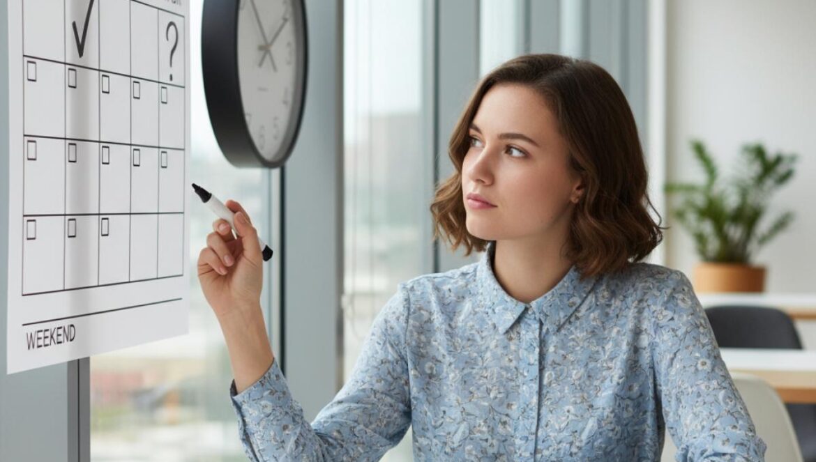 Alemania trabaja menos horas al año: lo que nadie te contó sobre la ‘jornada de cuatro días’ y su choque cultural Empleado en oficina revisa un calendario con semana laboral de cuatro días y un reloj grande al fondo.