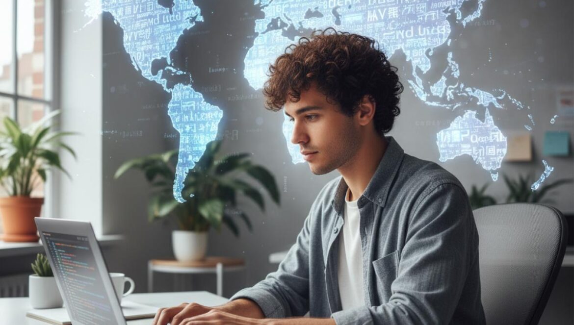 Apertus, el modelo de IA suizo que prende el debate: 1.800 idiomas, pesos y datos abiertos, cero ‘stealth crawling’ — ¿la alternativa real a Llama 3, ChatGPT y Mistral en HuggingFace? Ingeniero frente a laptop con mapa mundial y símbolos de idiomas, representando IA multilingüe y ética.