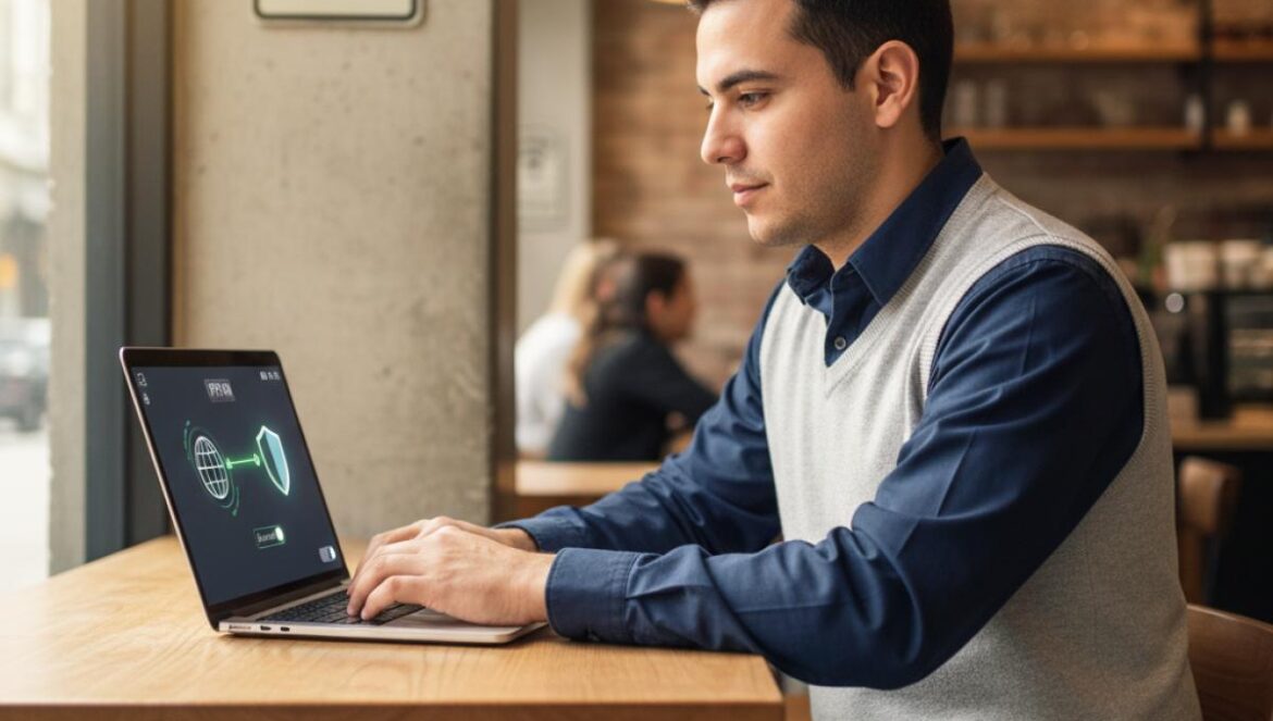 Avast sorprende con 60% de descuento: lo probé en mi vida real y así blindé mi identidad en pleno 2025 Joven trabajando en un café activa una VPN en su portátil para proteger su identidad en Wi‑Fi público.