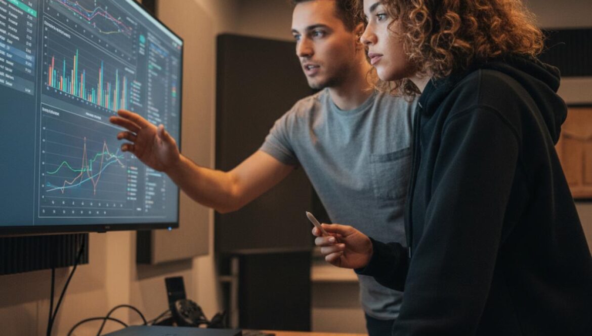 Dos desarrolladores revisan métricas de rendimiento junto a una consola genérica en un estudio.