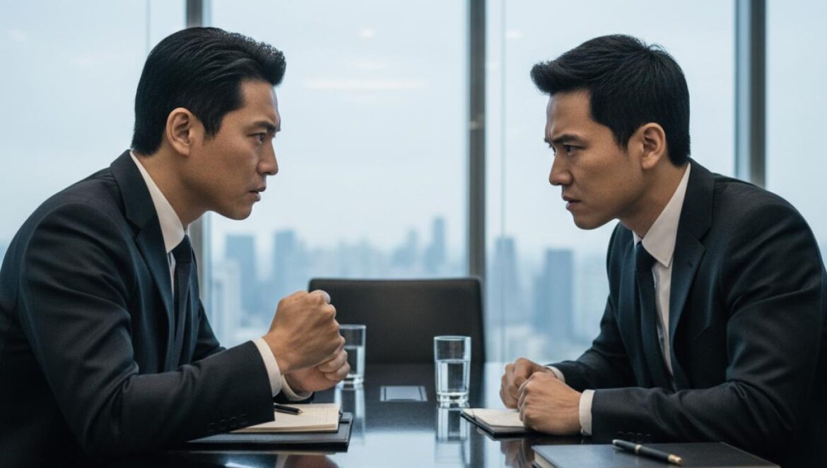Beyond the Bar enciende el drama: el duelo Lee Jin Uk vs. Lee Sang Yeob destapa el tabú del divorcio entre amigos y redefine el k‑drama legal con un golpe emocional Dos abogados asiáticos treintañeros, traje oscuro, discuten tensos en una sala de reuniones con paredes de vidrio.