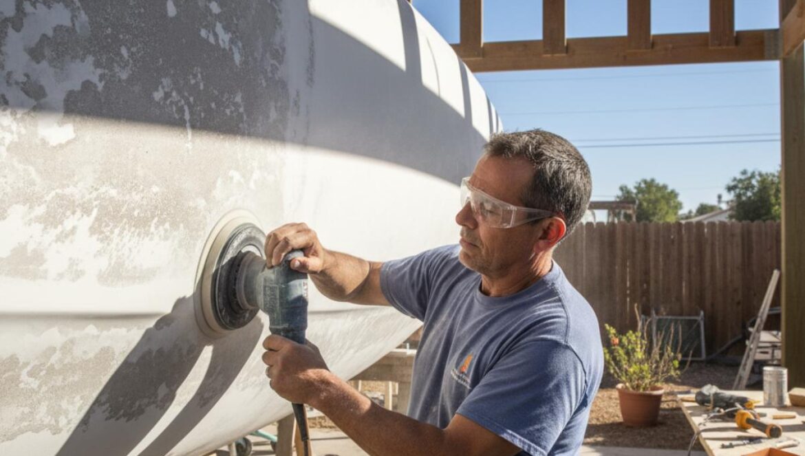 Bezos y Zuck compran; él construyó su yate en casa y hoy navega como “limusina del mar” Hombre lijando el casco de un catamarán en un patio soleado, con gafas protectoras y herramientas alrededor, proyecto DIY a gran escala.