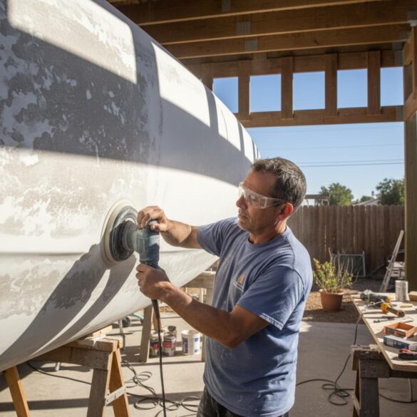 Hombre lijando el casco de un catamarán en un patio soleado, con gafas protectoras y herramientas alrededor, proyecto DIY a gran escala.