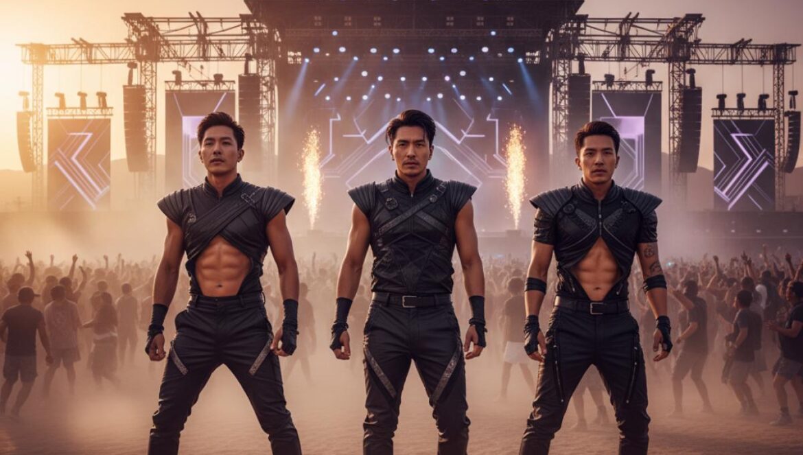 BIGBANG en Coachella 2026: regreso de 20º aniversario y cómo Taemin y KATSEYE pueden robarse el show Trío de artistas sobre un escenario al atardecer en un gran festival desértico, con luces cálidas y público vibrando.