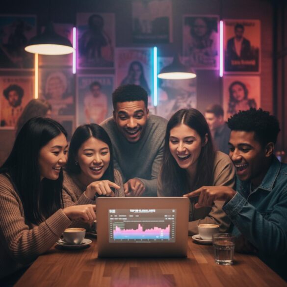 Cinco jóvenes comentan un ranking musical en un portátil, con luz neón en una cafetería.