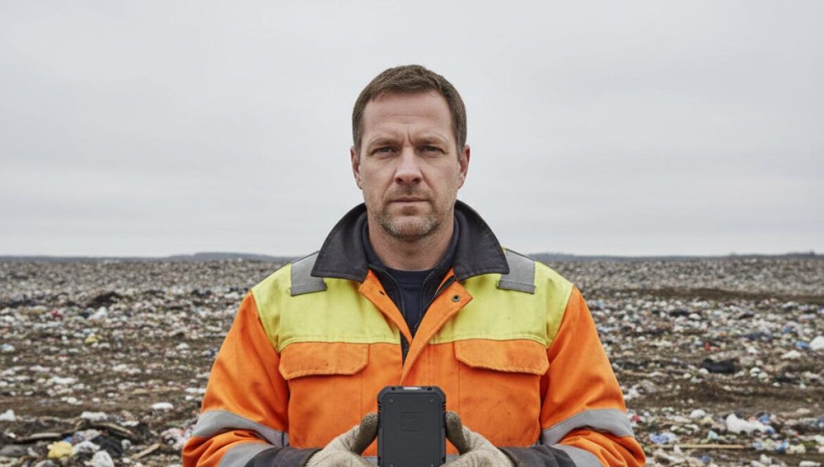 Bitcoin enterrado: la docuserie que da a James Howells otra vida Hombre con chaleco reflectante sostiene una pequeña unidad de disco en un vertedero, mirando con determinación.