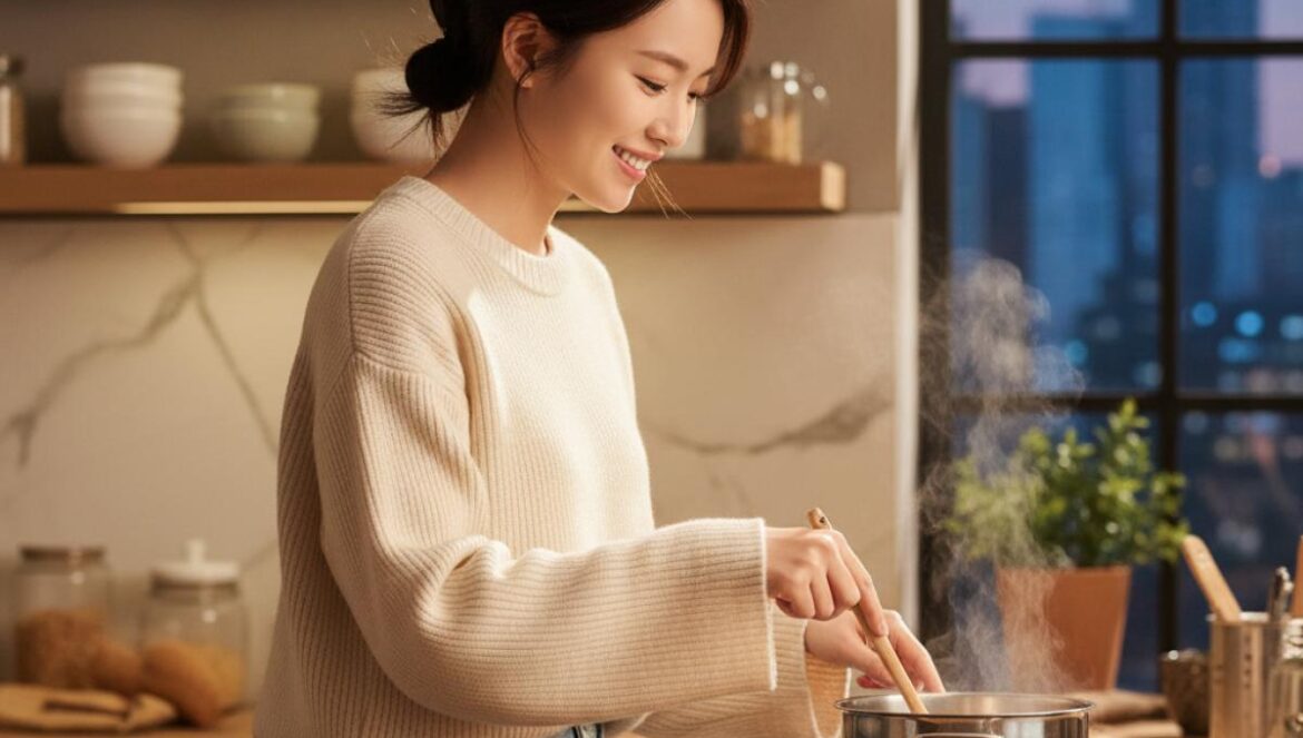 Bon Appétit, Your Majesty arrasa 4 semanas: por qué Lim Yoona domina y qué revela del boom K‑drama Actriz joven asiática cocina en un set de drama, iluminada con tonos cálidos y un plato humeante en primer plano.