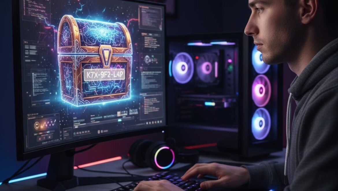 Borderlands 4: Códigos Shift y Llaves Doradas — lo que nadie te contó para conseguir loot legendario Jugador tecleando un código en PC frente a una interfaz futurista con un cofre dorado brillante.