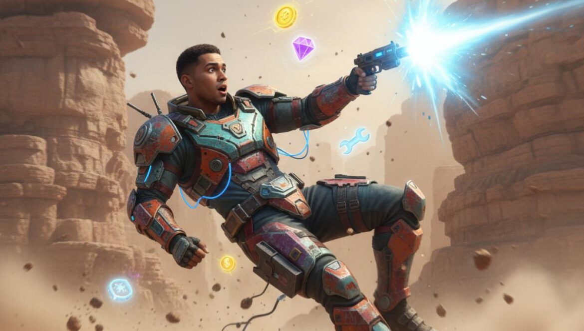 Borderlands 4: el “Cricket Jump” revienta mapas y Gearbox lo deja vivo (por ahora) Jugador con armadura sci‑fi sale disparado hacia atrás tras disparar una pistola diminuta en un cañón polvoriento.