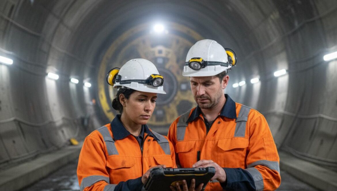 Brennero va por todo: el túnel ferroviario más largo del mundo une Europa bajo los Alpes y cambia las reglas Ingenieros con cascos revisan una tableta dentro de un túnel ferroviario en construcción, con la tuneladora al fondo.