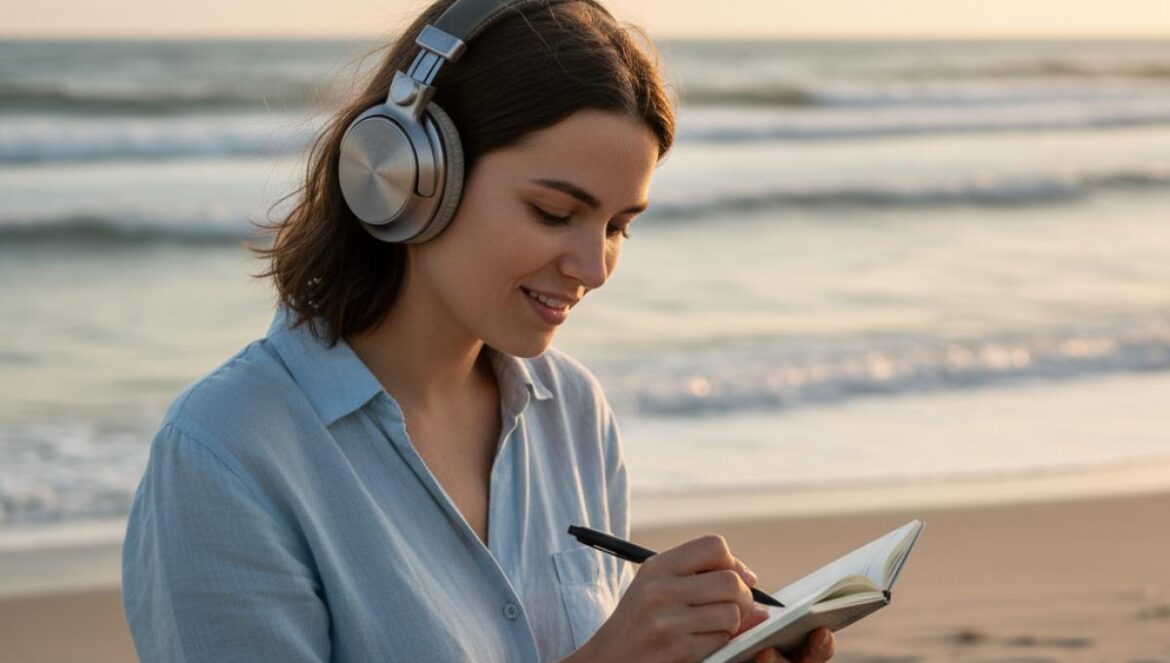 Joven periodista musical con auriculares tomando notas en la playa al atardecer, con cuaderno y bolígrafo bajo luz dorada.