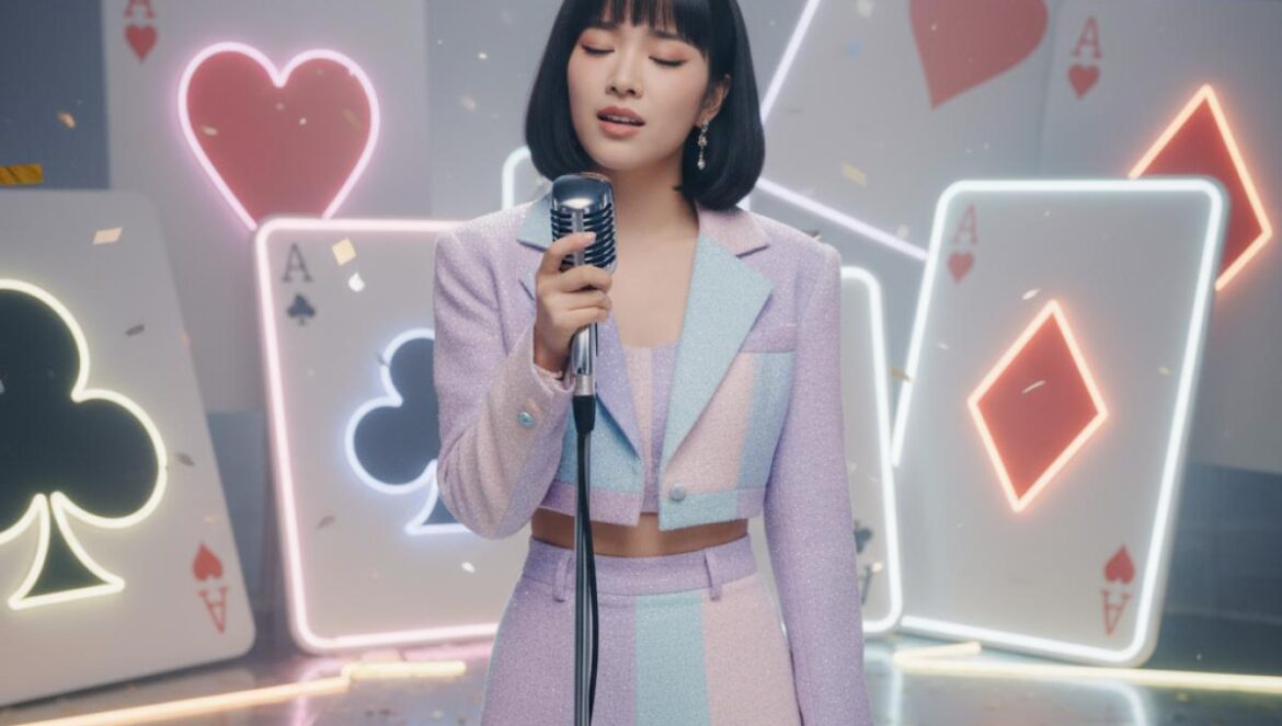 Cantante pop asiática, centrada en plano medio, con estética fantasía y confeti, ante cartas gigantes y luces neón.