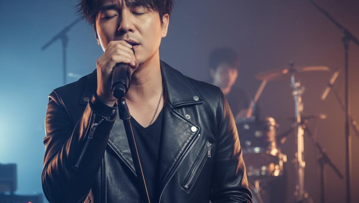 Chen de EXO lanza Arcadia y cambia de piel: rock elegante, tres looks con mensaje y concierto en Seúl Cantante solista coreano en escenario rock, micrófono en mano y luces azules y ámbar, mirada intensa.