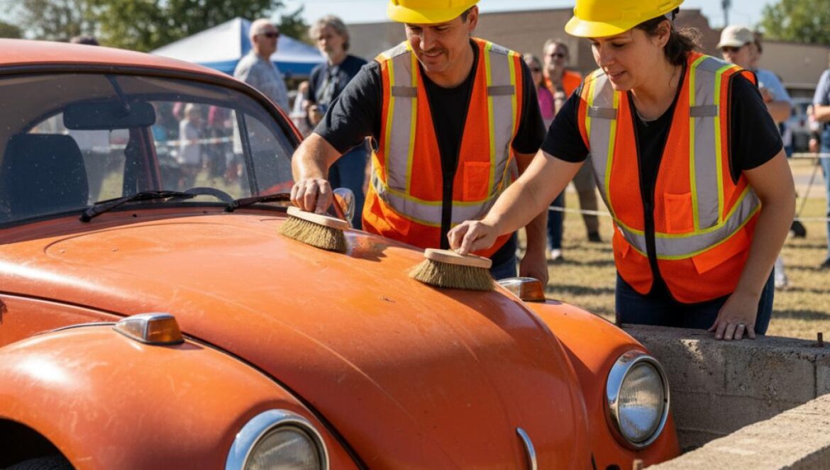 Chevrolet Vega enterrada en 1975: la cápsula del tiempo que reapareció impecable y reescribe la nostalgia pop Trabajadores limpian un coche compacto setentero naranja recién extraído de una cápsula de hormigón ante curiosos.