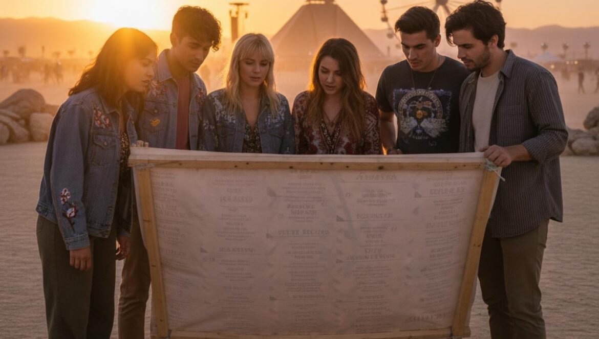 Coachella 2026: lo mejor está en la letra pequeña — así cazo las joyas que luego explotan Jóvenes revisando un cartel de festival al atardecer, con noria y escenario al fondo.