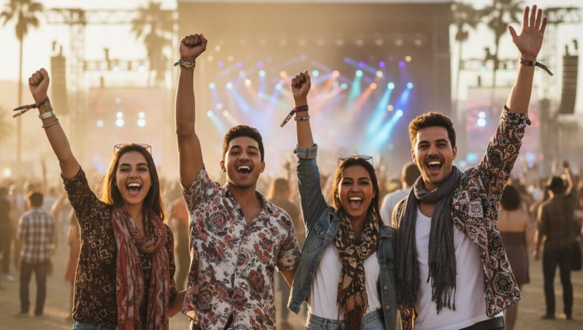 Coachella 2026 revienta el meme: lo que el cartel revela del pop, el rock y nuestra sed de espectáculo Jóvenes coreando ante un gran escenario al atardecer, luces de neón y palmeras al fondo.