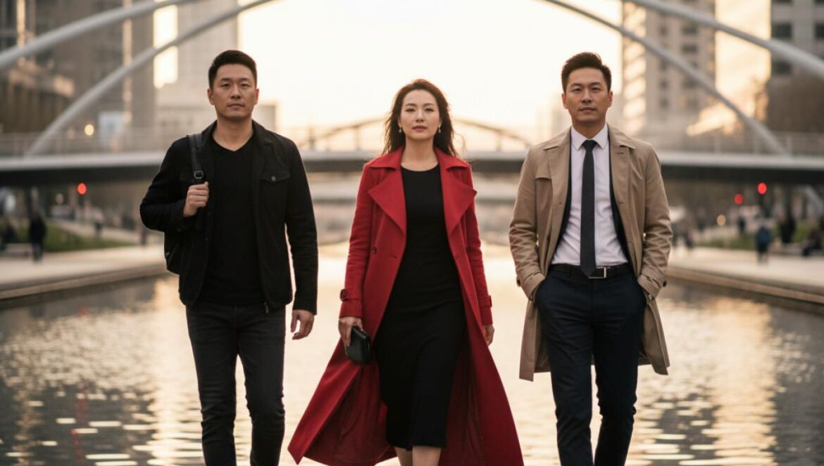 Confidence Queen enciende el K‑drama: Park Min Young, Park Hee Soon y Joo Jong Hyuk montan la estafa más glam — las claves del remake coreano Trío elegante camina junto a un canal urbano al atardecer: abrigo rojo, trench clásico y look negro minimalista, pura vibra de estafa glam.