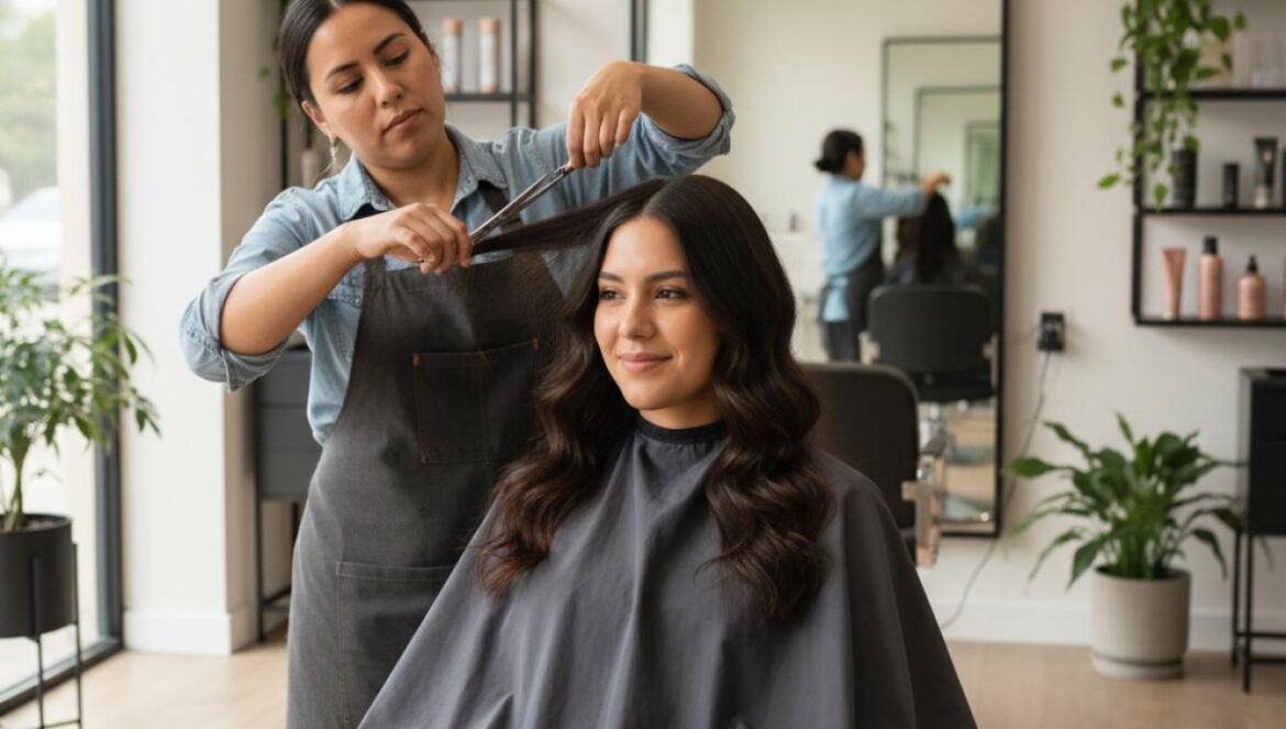 Cortes de pelo 2025: ¿por qué el pixie, el bixie y el mullet revientan con efecto lifting real? Mujer joven latina en una peluquería moderna recibiendo un corte bixie, sonriente y relajada.