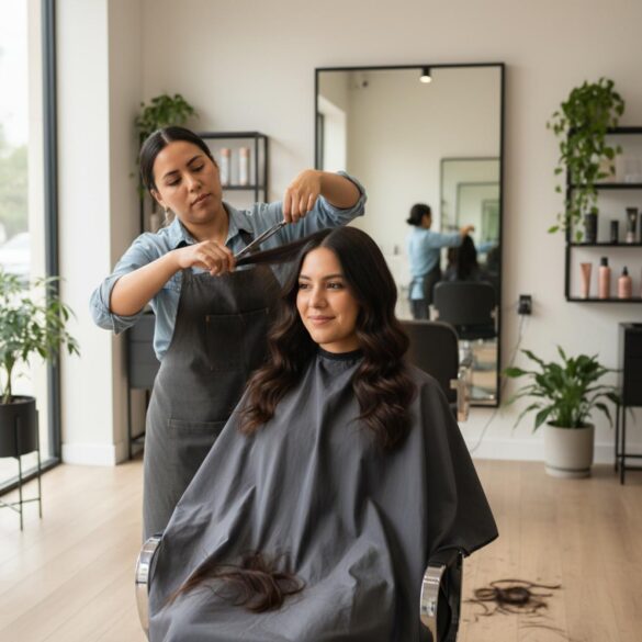 Mujer joven latina en una peluquería moderna recibiendo un corte bixie, sonriente y relajada.