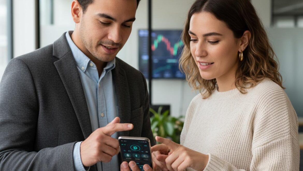 Criptomonedas en México: ¿dinero inventado? El choque entre la visión de Agustín Carstens y un país top 15 en adopción, remesas en stablecoins y la carrera por las CBDC Dos jóvenes revisan una app de criptomonedas en su móvil, con gráficos financieros difuminados al fondo.