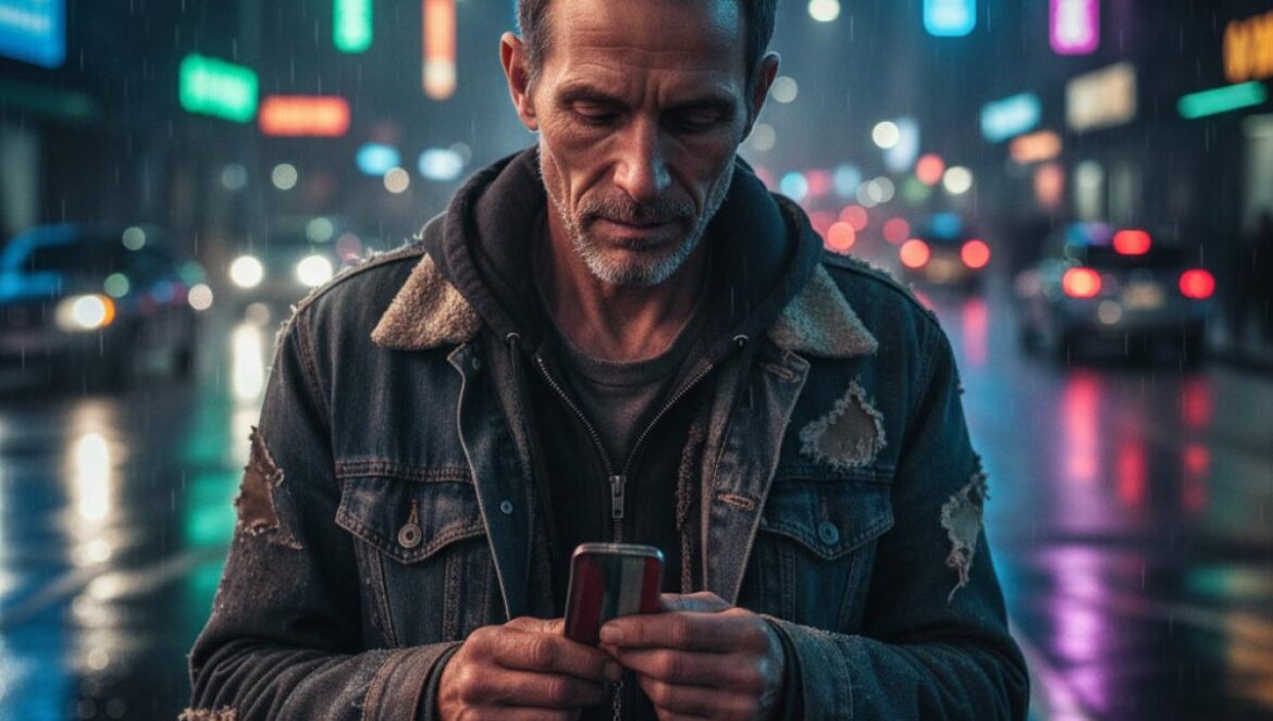 Cyberpunk 2077: el clip que arruinó un buen gesto — y lo que revela del diseño cruel de Night City Hombre sin hogar sostiene una medalla bajo neones en una calle futurista mojada mientras pasan coches detrás.