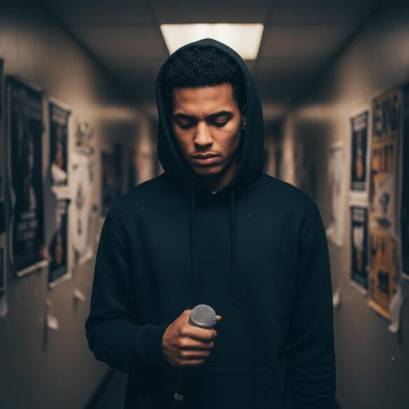 Cantante joven en pasillo de backstage, con sudadera oscura y micrófono, gesto serio, pausa de gira.